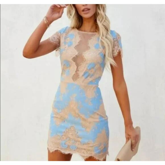 Storia Dresses & Skirts - Stroia Floral Lace Bodycon Fitted Plunge Neck Mini Dress In Blue and Cream